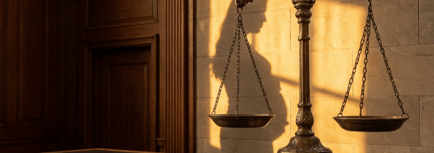 Bronze scales of justice with the shadow of a pregnant woman projected on the wall.
